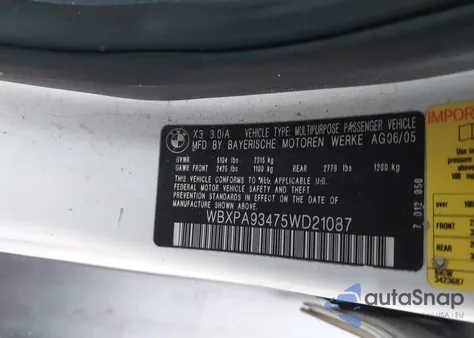 2005 BMW X3 3.0I from USA, damaged, VIN WBXPA93475WD21087